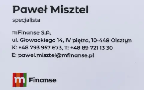 Wizytówka Pawła Misztela, specjalisty mFinanse S.A. z Olsztyna.