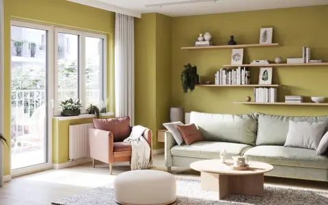 Jasnozielone kolory ścian inspiracje dla salonu. Wygodna kanapa, fotel i stolik kawowy tworzą przytulną przestrzeń.