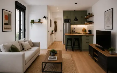 Un loft pequeño moderno con sofá beige, mesa de centro de madera, cocina verde y TV.