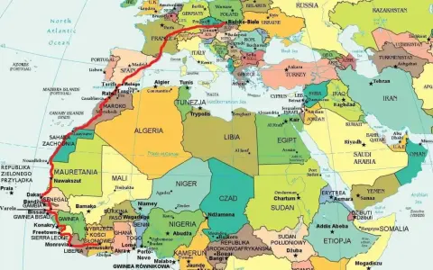 Trasa z Europy przez Afrykę Północną do Ghany, pokazująca gdzie leży Ghana.