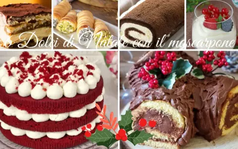Collage di dolci natalizi: tiramisù, cannoli, tronchetto al cioccolato, torta Red Velvet e coppetta con frutti rossi. Un tripudio di sapori, con il mascarpone protagonista.