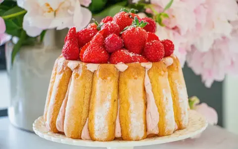 Charlotte aux fruits rouges, un délice de biscuits à la cuillère et crème rose, couronné de fraises et framboises fraîches.