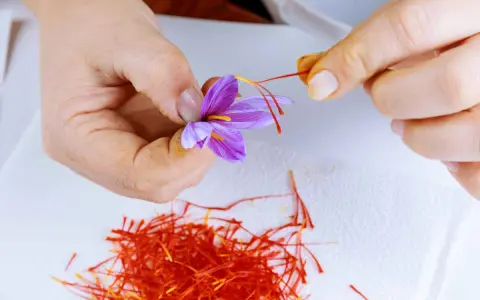 Main d'une personne récoltant délicatement les stigmates d'une fleur de safran. Une pile de stigmates rouges est visible. Cela donne une idée de combien de bulbes de safran au m2 sont nécessaires.