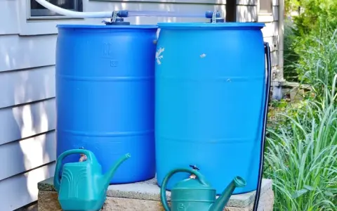 Zwei blaue Regentonnen sind verbunden, um Regenwasser zu sammeln. Zwei grüne Gießkannen stehen davor.
