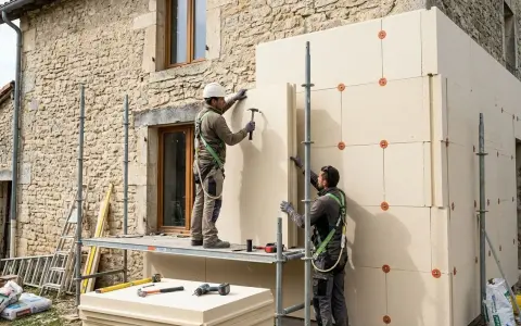 Deux ouvriers installent des panneaux isolants sur un mur en pierre. Une application concrète de l'isolation thermique, une définition essentielle pour l'efficacité énergétique.
