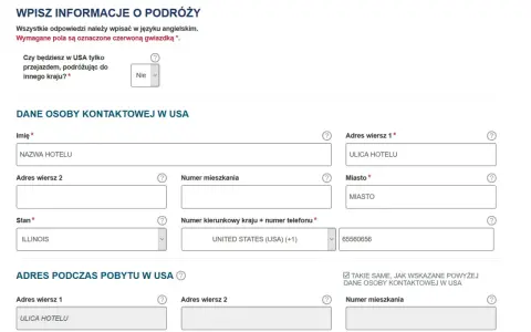 Formularz do wpisania danych podróży i kontaktu w USA, niezbędny do uzyskania wizy do USA.