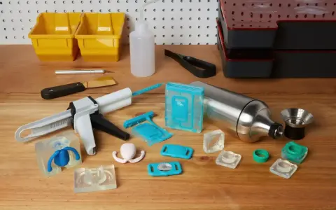 Tools for using resin in silicone molds are laid out, including a caulking gun, various silicone molds, and mixing containers.