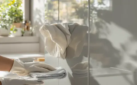 Rękawiczki i ściereczka do czyszczenia mebli kuchennych z okleiny. Delikatne środki zapewnią im blask.