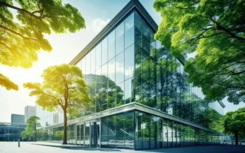 Moderne architetture in vetro riflettono alberi lussureggianti e cielo azzurro, creando un'armonia tra natura e design.