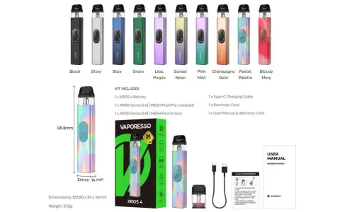 Vaporesso Xros 4 en varios colores: negro, plateado, azul, verde, lila, neón, rosa, dorado, pastel y rojo. Incluye batería, pods, cable y manual.