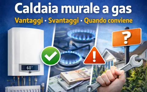 Caldaie di nuova generazione: vantaggi, svantaggi e quando conviene. Immagine con caldaia, fornelli a gas, soldi, chiave inglese e segnali di attenzione.