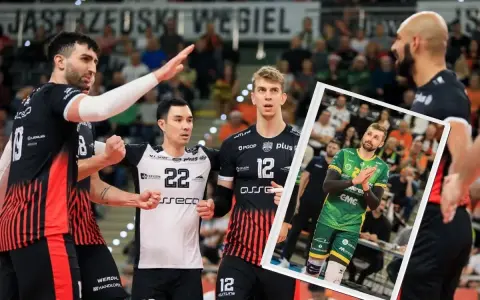 Siatkarze Asseco Resovii w Lidze Mistrzów. W kadrze meczowej widoczni zawodnicy w czarnych strojach, a w ramce gracz w zielonej koszulce.