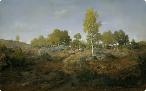 Paysage rocheux et boisé, typique de l'école de Barbizon, avec un chemin sinueux et deux personnages.