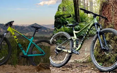 A yellow and teal hardtail bike stands against a mountain backdrop, contrasted with a green full suspension bike in a lush forest.