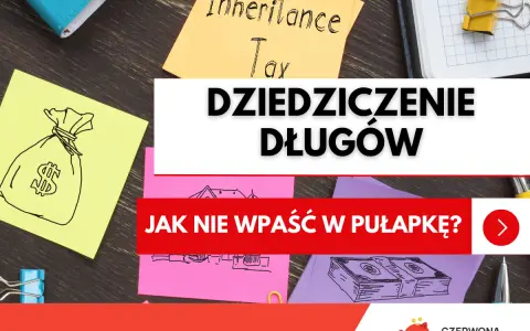 Nalepki z rysunkami worka pieniędzy, domu i stosu banknotów. Tekst: "DZIEDZICZENIE DŁUGÓW".