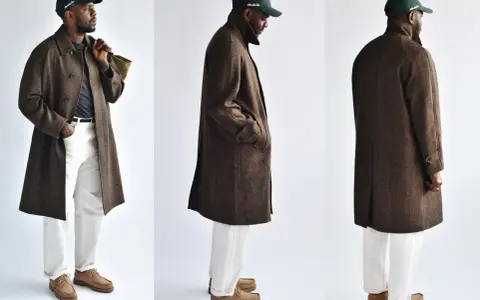 A man models three views of a stylish brown tweed coat, paired with white pants and a green cap.