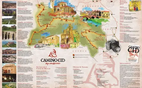 Mapa ilustrado del Camino del Cid, mostrando las etapas del camino y puntos de interés.