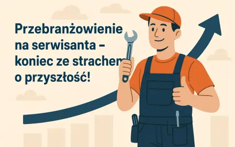 Przebranżowienie na serwisanta to koniec strachu o przyszłość! Uśmiechnięty fachowiec z kluczem w dłoni i kciukiem w górze symbolizuje sukces i rozwój.