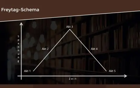 Freytag-Schema: Ein Diagramm zeigt den aufbau eines dramas mit steigender und fallender Spannung über fünf Akte.