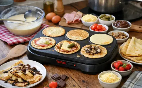 Préparation d'une recette pâte à crêpe party Tefal : crêpes salées et sucrées garnies, avec fraises et chocolat.