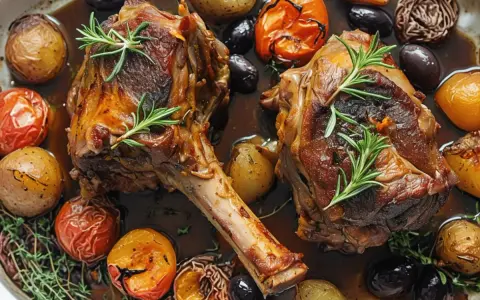 Dos jugosas patas de conejo al horno, doradas y tiernas, acompañadas de patatas asadas, tomates cherry y aceitunas negras.