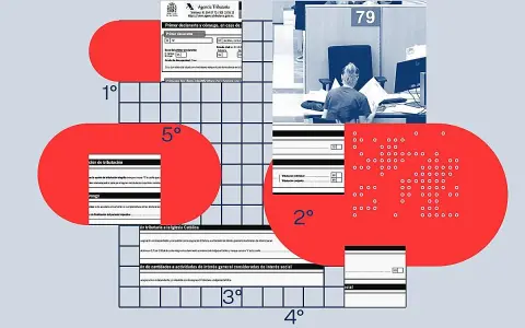 Formularios de la Agencia Tributaria y una persona en una oficina, recordando los plazos del IRPF.