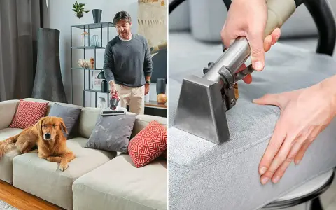 Un hombre aspira un sofá con un perro golden retriever. Otra imagen muestra una herramienta de limpieza de tapicería en acción, demostrando cómo limpiar sofá.