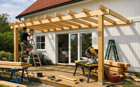 Man bygger en pergola på altanen. Träbjälkar monteras på husfasaden. Verktyg och material ligger utspritt.