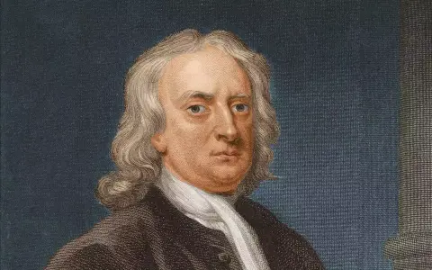 Portrait d'Isaac Newton, le génie qui a découvert la gravité. Il porte une perruque et une tenue d'époque.