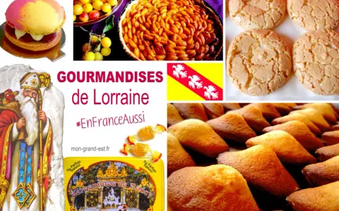 Collage de douceurs lorraines : macaron, tarte aux fruits, meringues, madeleines, bonbons et Saint-Nicolas.