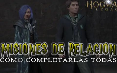 Dos estudiantes de Hogwarts Legacy, uno con pelo azul y otro con uniforme de Slytherin, posan para una guía sobre cómo completar todas las misiones secundarias de relación.