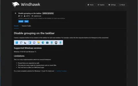 Windhawk-Tool für Windows 11: Deaktiviert Gruppierung auf der Taskleiste, zeigt separate Fenster an.