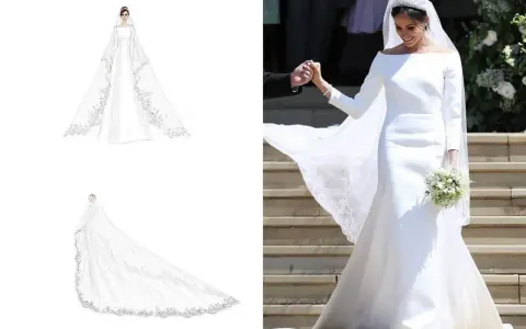 Elegancka suknia ślubna księżnej Meghan z długim welonem i koronkowymi zdobieniami.
