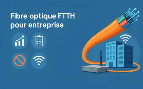 Fibre optique FTTH pour entreprise : une connexion rapide et fiable. Icônes : graphique, liste, interdiction, Wi-Fi.