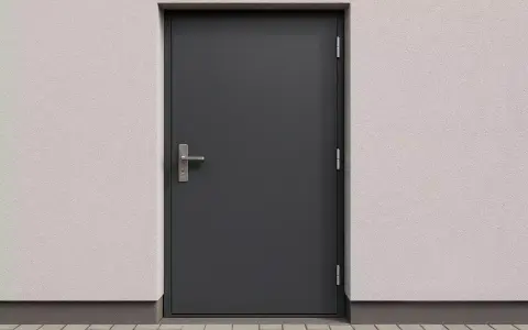 Solidne drzwi techniczne antracyt z metalowym uchwytem, osadzone w jasnej, chropowatej ścianie.