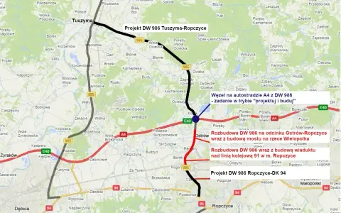Mapa pokazuje projekt DW 986 Tuszyma-Ropczyce, rozbudowę DW 986 na odcinku Ostrów-Ropczyce i węzeł na autostradzie A4.