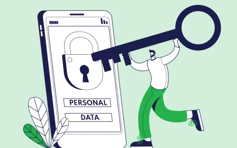Mężczyzna z kluczem zabezpiecza telefon z napisem "PERSONAL DATA". Klucz symbolizuje ochronę prywatności.