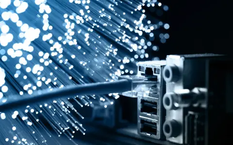 Błyszczące światłowody i kabel sieciowy podłączony do portu. Szybkie łączenie światłowodu dla nowoczesnej technologii.