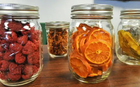 Vier Gläser mit getrockneten Früchten: Himbeeren, Orangenscheiben, etwas Braunes und etwas Gelbes. Perfekt zum glas beschriften für die Vorratshaltung.