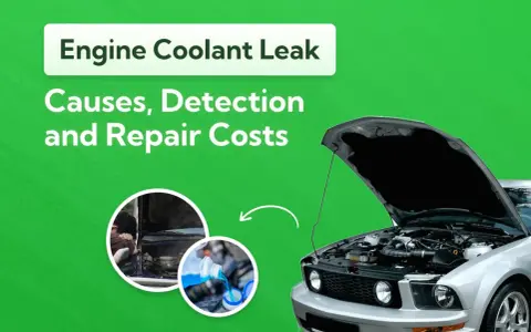 A silver car with its hood open, illustrating an engine coolant leak. The image shows causes, detection, and repair costs.