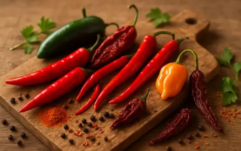 Un assortiment de piments frais et séchés, dont des piments rouges longs, un piment vert, un piment orange et des piments séchés foncés. Une pincée de poudre de piment et des grains de poivre parsèment la planche à découper en bois.
