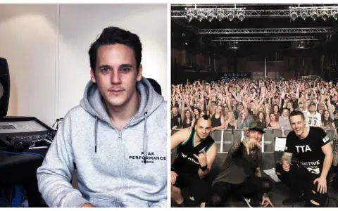 Två medlemmar av Dead by April, en i studio och en på scen framför en jublande publik.