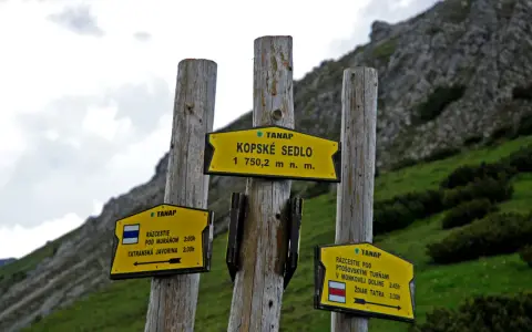Rozcestník v Tatrach Bielskich. Znaki wskazują drogę na Kopské sedlo (1750 m n.p.m.), Pod Muráň, Tatranską Javorinę, Ptoszowskie Turnie i do Żdziaru.
