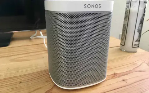 Sonos Play 1 Lautsprecher auf Holztisch. Vielleicht hilft ein Sonos Play 1 Reset, wenn er Probleme macht.