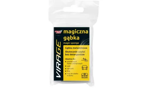 Opakowanie z napisem "VIRAGE magiczna gąbka". Gąbka melaminowa do czyszczenia bez detergentów, idealna do auta i domu.