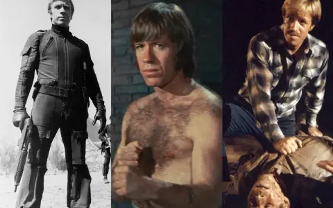 Chuck Norris i tre scener från filmer och tv-program. Han syns i actionkläder med vapen, barbröstad och i en rutig skjorta över en liggande person.