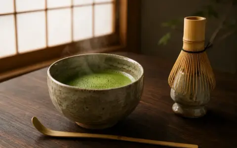Parzona zielona herbata matcha w ceramicznej miseczce, obok bambusowa miotełka i łopatka.