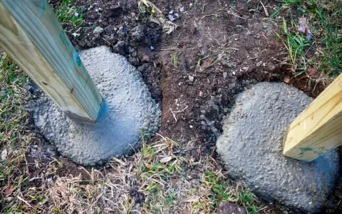 Holzpfosten werden in frisch gegossenen Beton gesetzt, um einen stabilen Zaun zu bauen. Das Einbetonieren der Zaunpfosten sorgt für Langlebigkeit.
