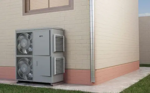 Unidad exterior de aire acondicionado para calefacción por inercia, instalada junto a una pared de ladrillo.