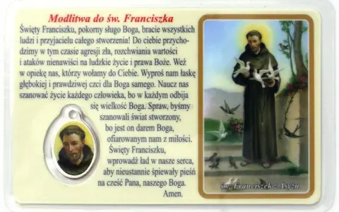 Święty Franciszek z Asyżu trzymający gołębie, z ptakami wokół.